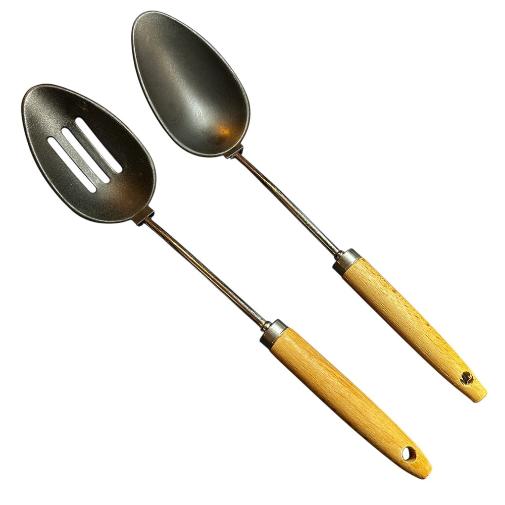 Serving Spoon Set Wood Handle Slotted‎ Solid Nylon Kitchen Utensils Black VTG